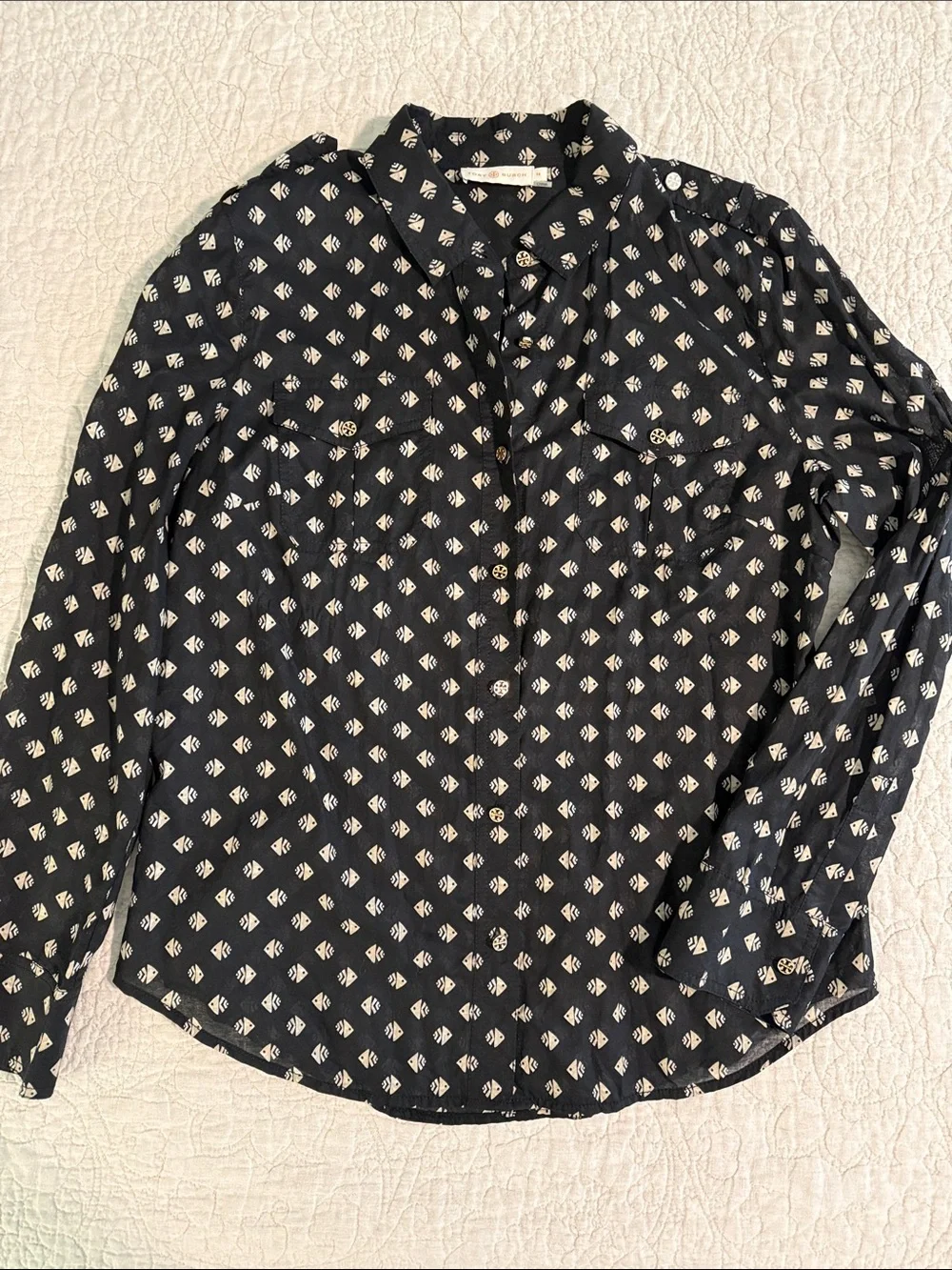 Tory Burch Lightweight Black Button-Down Blouse with Cream Geometric Fish Print